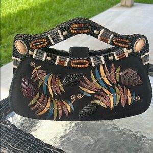 Mary Frances Vintage Beaded Handbag Black Suede Boho Leaf Design – Missing Beads